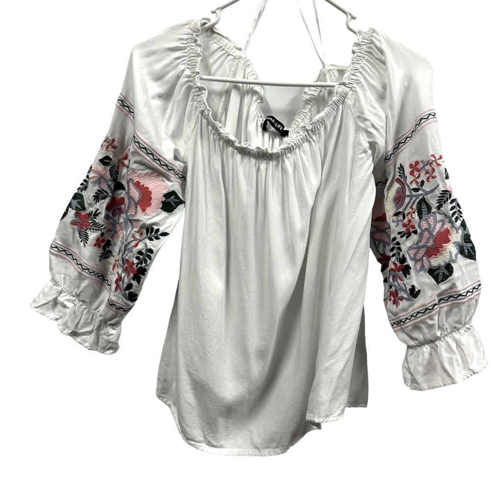 Sugar Lips White Embroidered Off Shoulder Peasant Style Top Blouse Womens Large - Picture 7 of 12